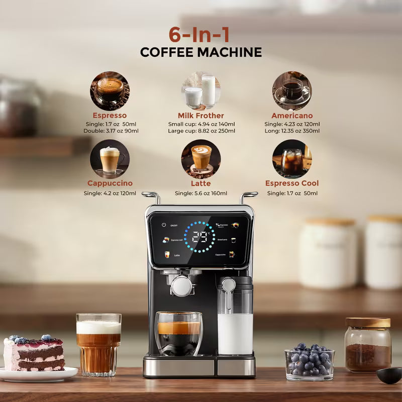 20 Bar Espresso Machine with Automatic Milk Tank & Touch Screen - Semi-Automatic Coffee Maker Suitable for Espresso, Latte, Cappuccino, Removable Water Reservoir Tank, Capacity, Timer, - for, Plug (Black)