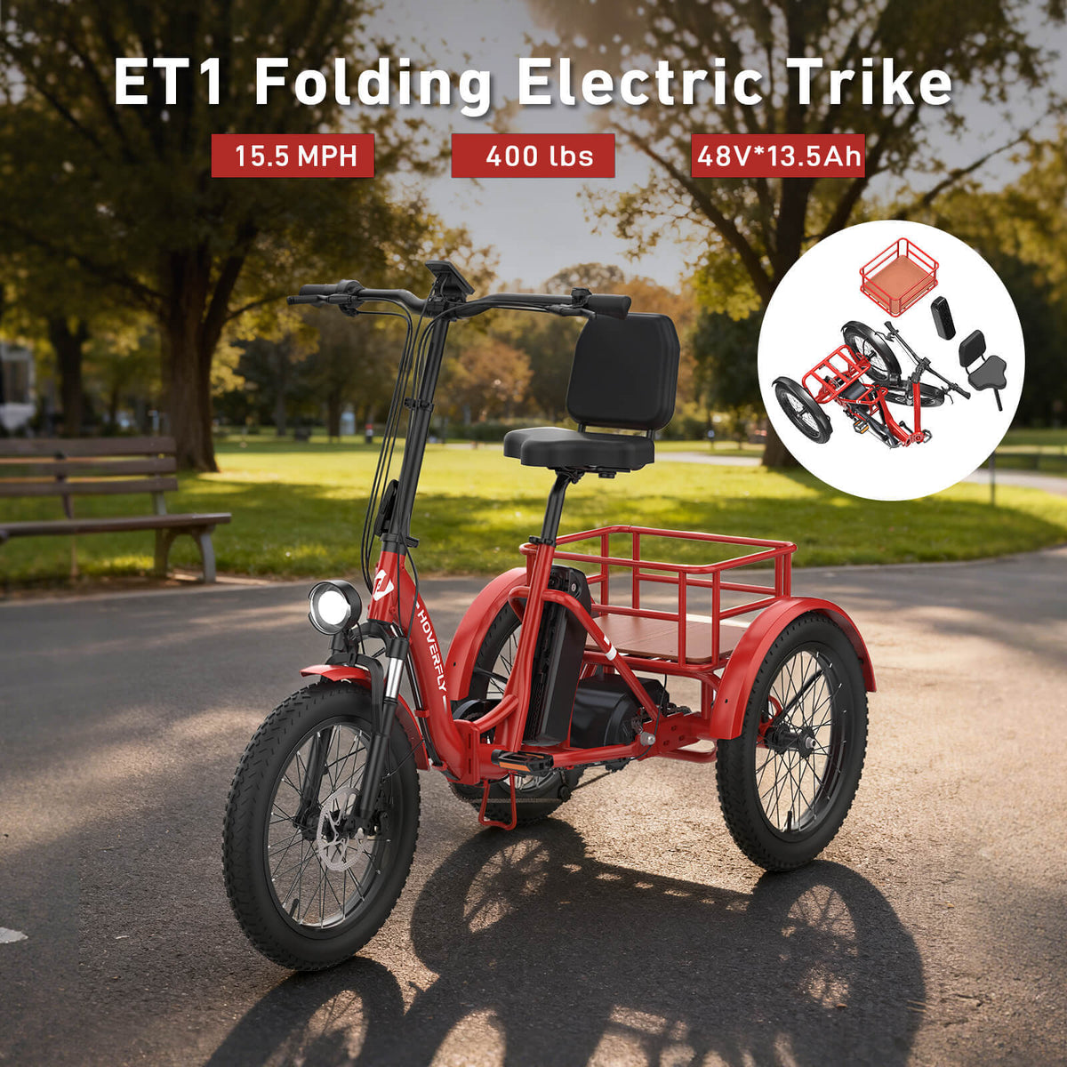 Hoverfly® ET1 Folding Electric Trike 15.5mph | 61 Miles Max Range ((👻Halloween Sale))